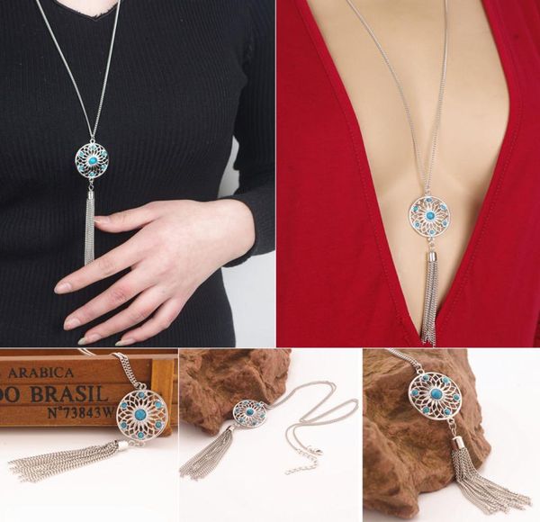 retro bohemian gypsy style turquoise tassel long chain choker pendant necklace7203343, Silver